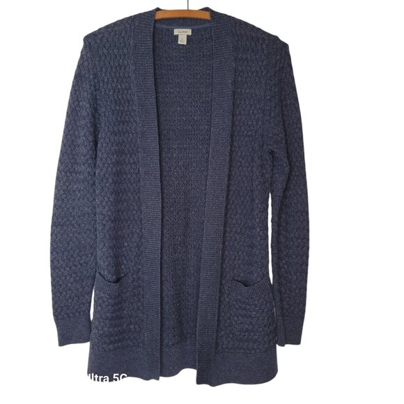 L.L. Bean cardigan women's size small open long basket weave knit pockets blue - Picture 1 of 8
